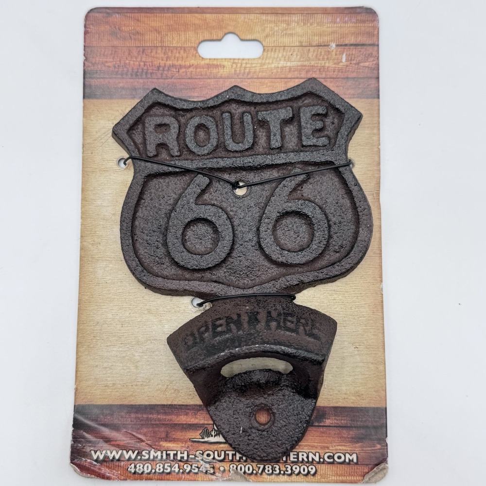 Cast Iron Historic US Route 66 Beer Soda Bottle Opener Wall Mount Antique Brown